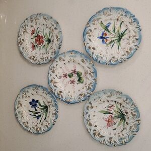 Vintage Majolica Style Hand Painted Reticulated Floral Italian Plates Set of 5